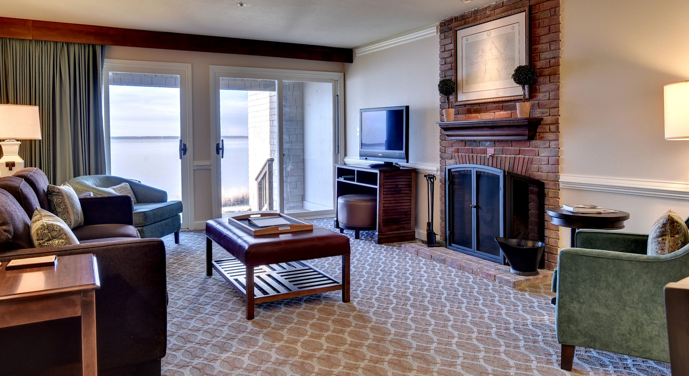 River Condo Living Room with Fireplace
